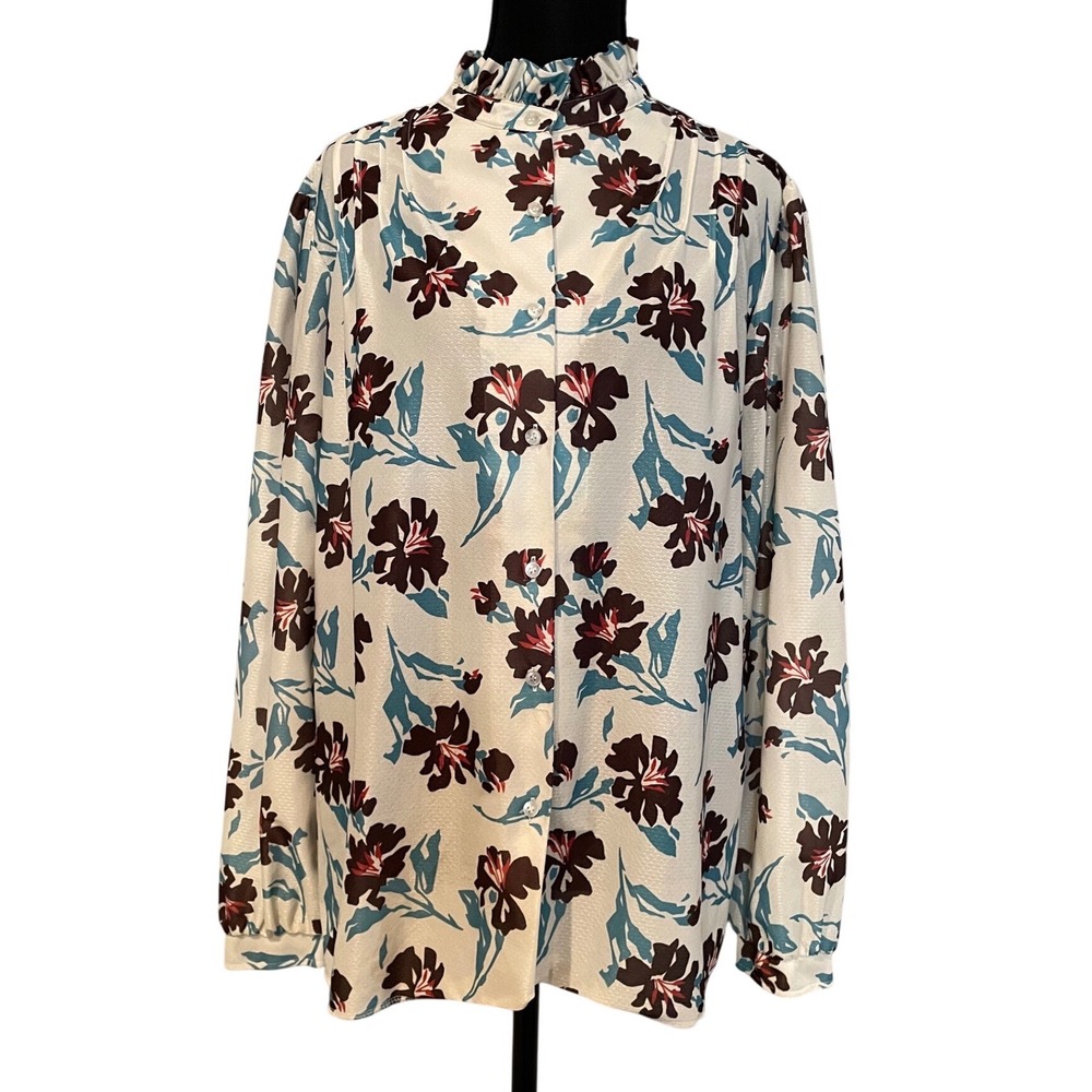 Fire Island Womens XL‎ Floral Ruffle Neck Button Up Long Sleeve Blouse Top VTG